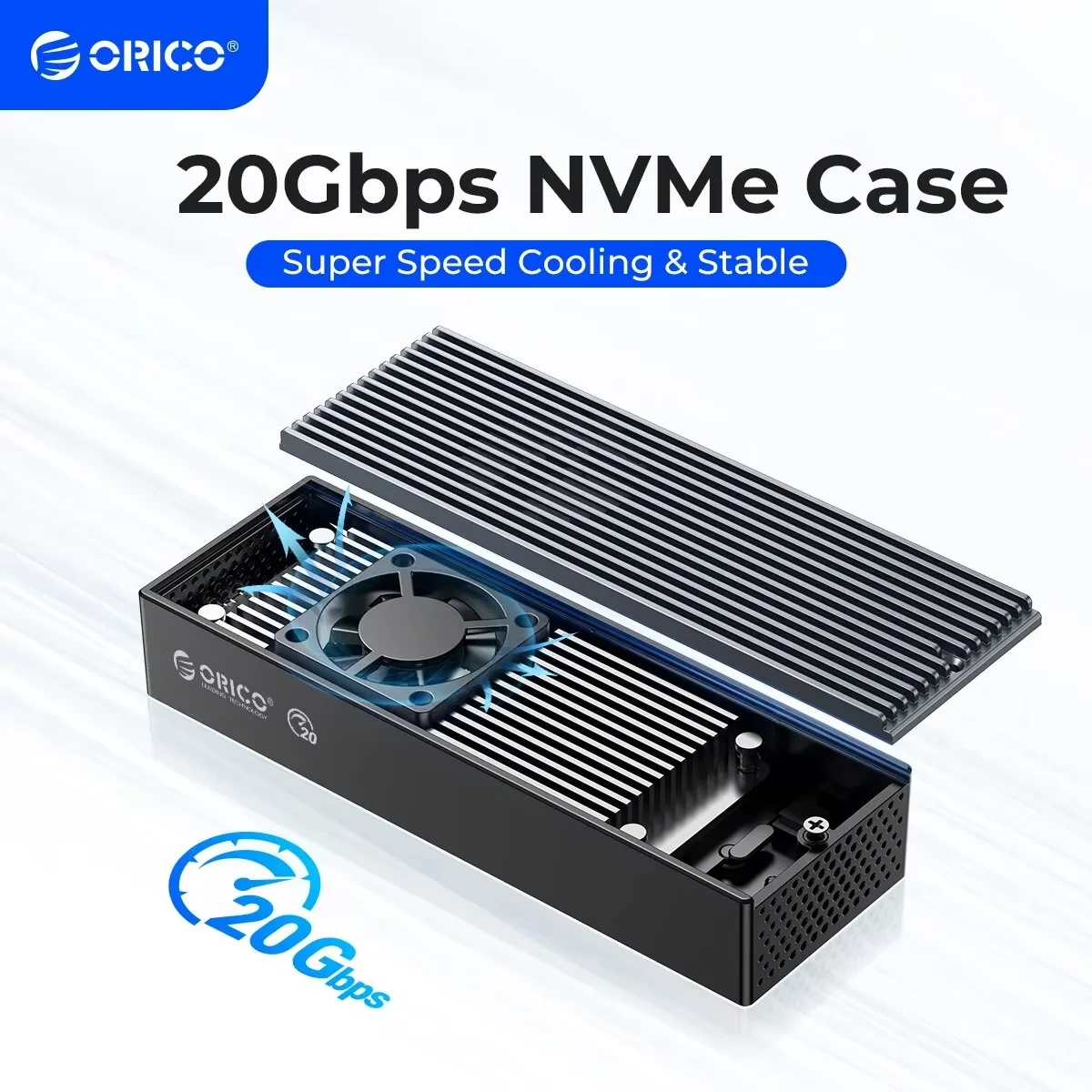 ORICO 20Gbps M.2 NVMe SSD-Gehäuseadapter, USB3.2 Gen2 X2 Typ-C zu NVMe PCI-E M-Key Solid-State-Laufwerk mit eingebautem Lüfter, externes Aluminiumgehäuse für SSD-Größen 2230/2242/2260/2280