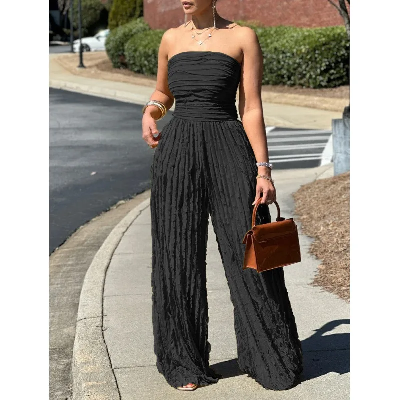 2026 European and American women's jumpsuit, high waist, sexy tube top, sleeveless, wide legs, casual vacation party, summer