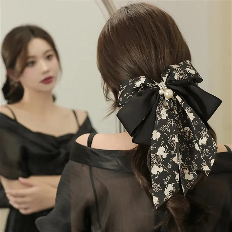 Big Bow Hairpin High Ponytail Flower Fashion Temperament High Sense Headdress Head Clip Long Ribbon Hair Accessories.