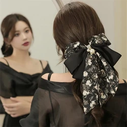 Big Bow Hairpin High Ponytail Flower Fashion Temperament High Sense Headdress Head Clip Long Ribbon Hair Accessories.