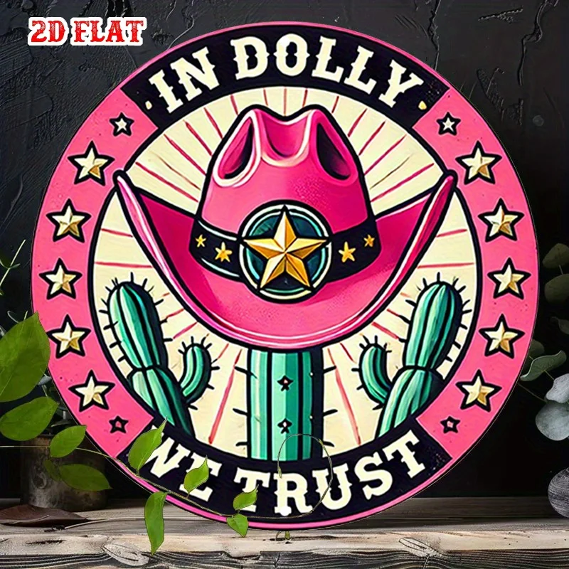 2D flaches, einseitiges, kreisförmiges Aluminiumschild im Western-Stil, Holzschild mit Denim-Damenhut, rosa verziertes, kreisförmiges Holzschild