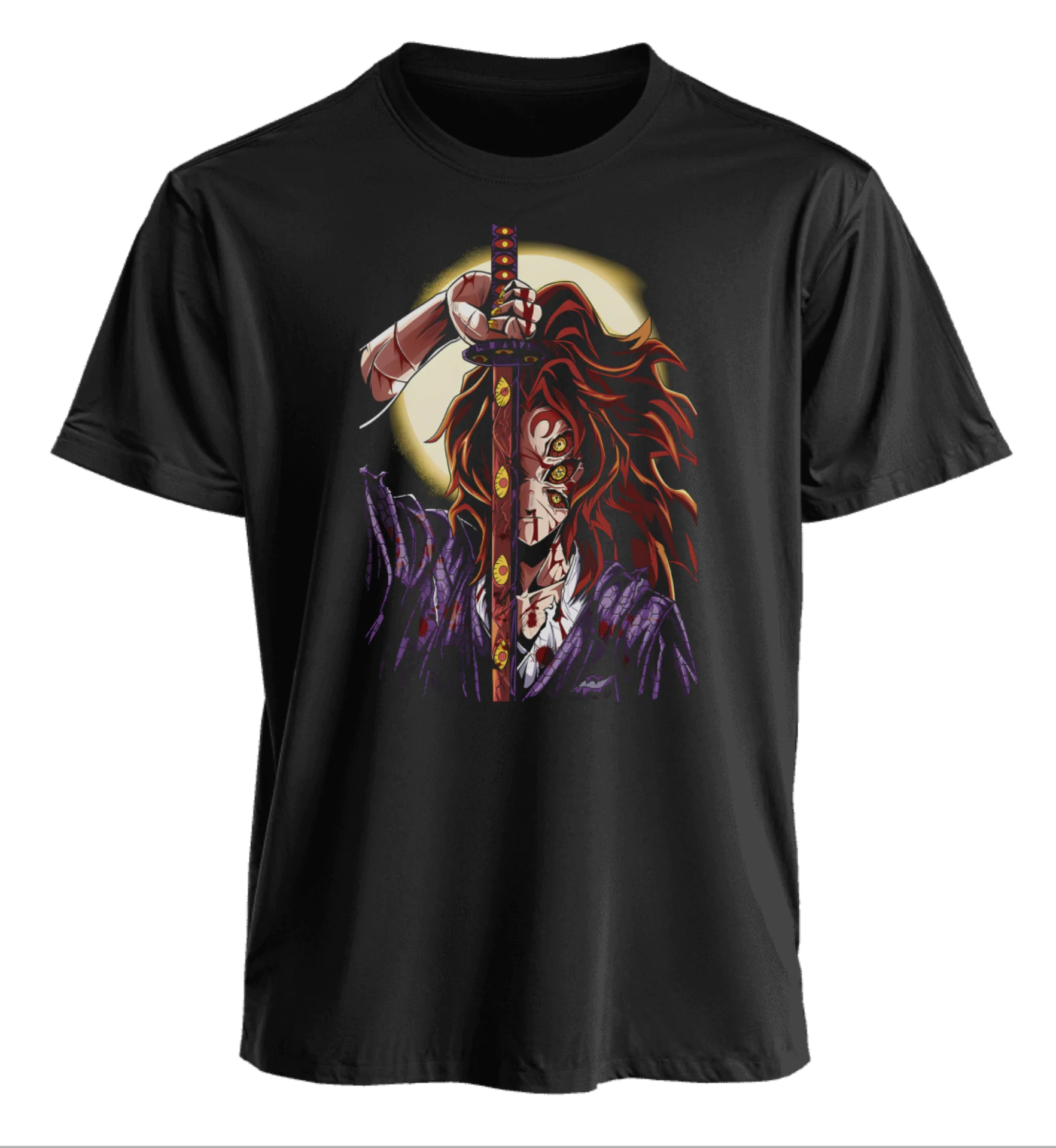 T-shirt anime Demon Slayer Rengoku Kyojuro con pelo rosso ardente e spada Katana, maglietta in cotone con scena di battaglia al chiaro di luna per i fan