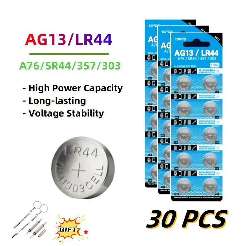 

30PCS AG13 Button Battery LR44 A76 357 357A LR1154 SR1154 SR44 1.5V Alkaline Coin Cell For Watch Calculator Car Key Remote Clock