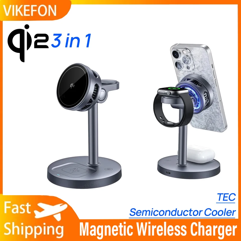 Magnetic 15W 3 in 1 Wireless Charger Phone Stand Qi2 For Magsafe iPhone 17-12 Pro Apple Watch 10~2 AirPods 4 Pro Fast charging