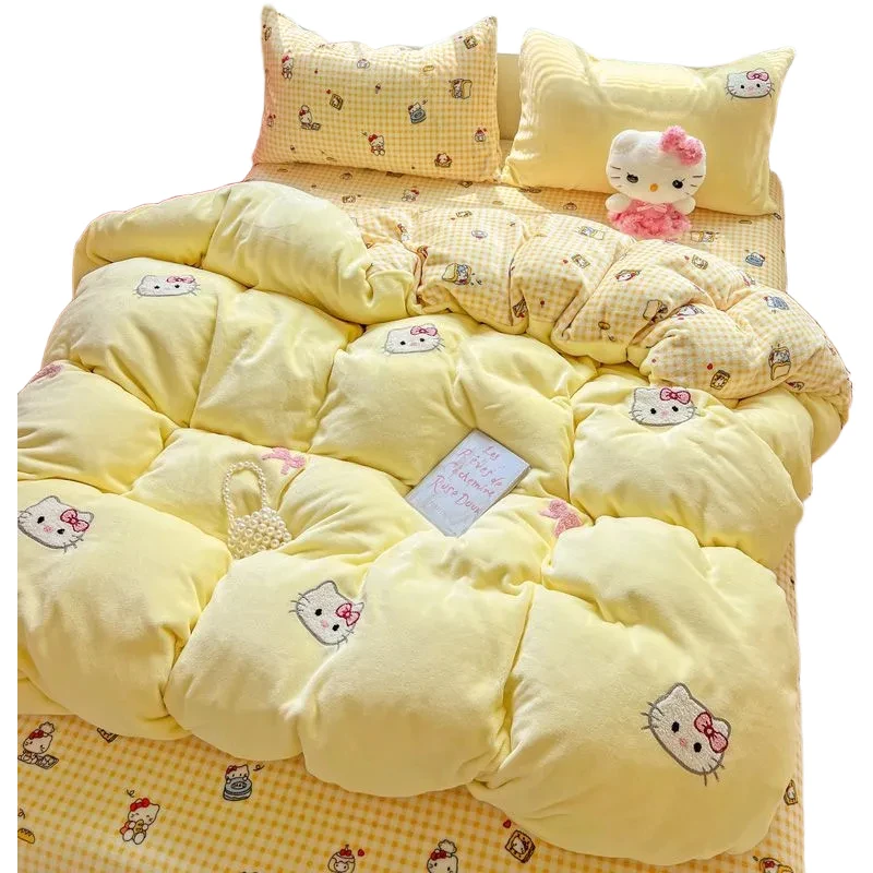 

Hello Kitty кремово-желтый мультяшный милый постельное белье креативный Kawaii зимние теплые простыни из кораллового флиса пододеяльник комплект из четырех предметов подарок
