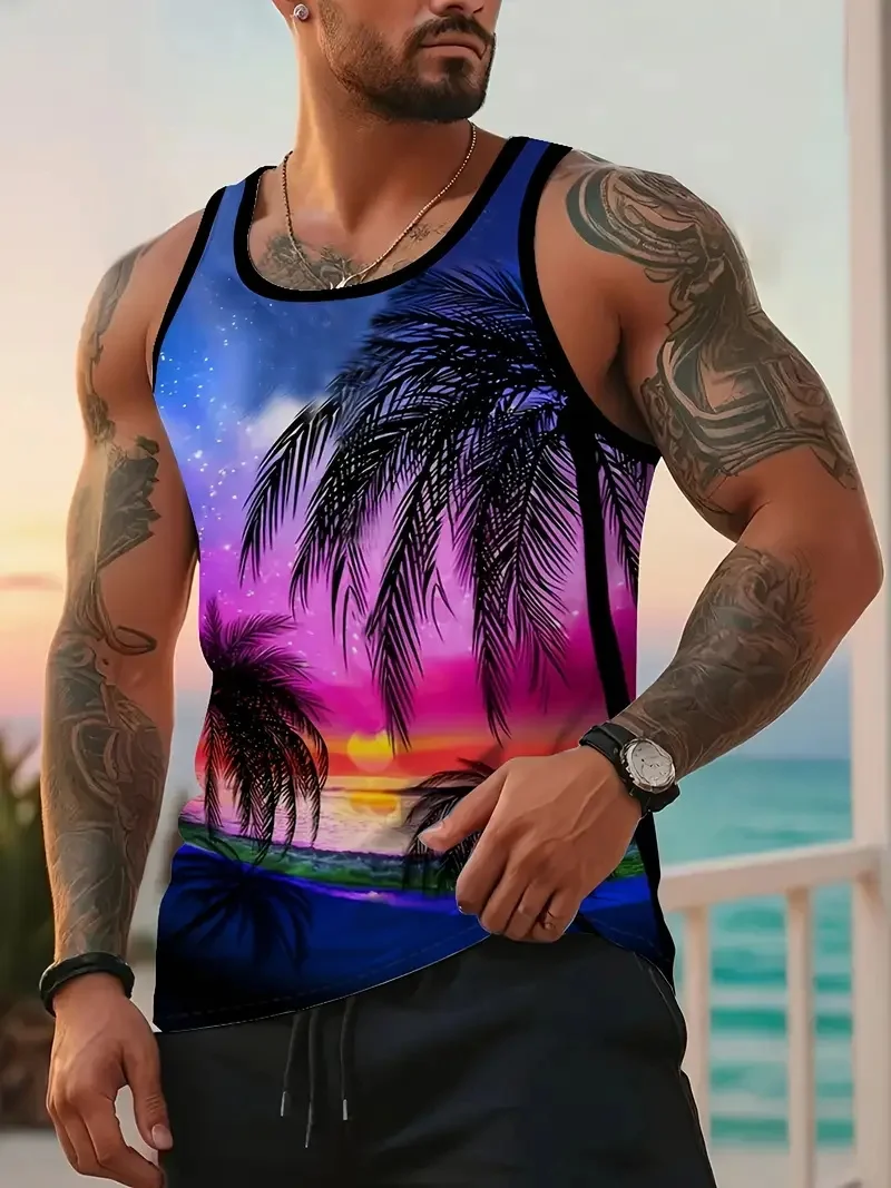 

Men's Summer Tropical Sunset Print Tank Top Casual Sleeveless Hawaii Beach Tshirt For Men New In Full Print T Shirts Streetwear