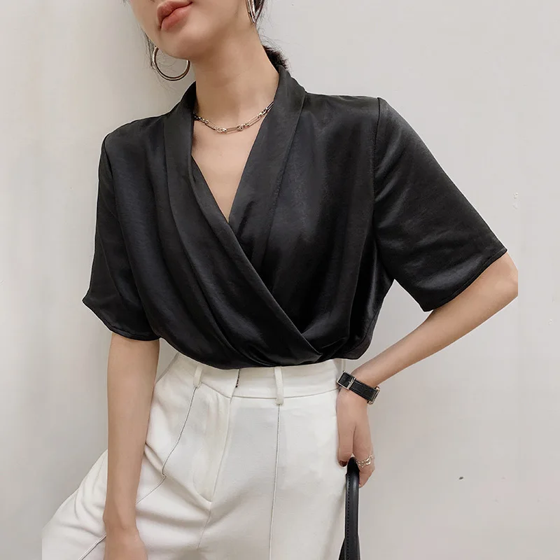 Elegant Basic Short Sleeve Loose Work V Neck Satin White Oversize Shirt Korean Style Beautiful Silk Women's Blouses for Summer