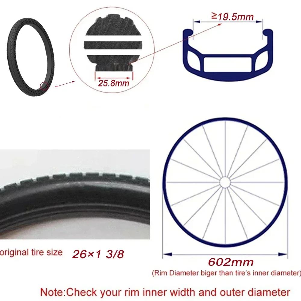 26 Inch 26x1-3/8 Honeycomb Tire Bicycle Tubeless Durable Solid Tyre Non Inflatable Explosion-proof Anti-puncture Tyre