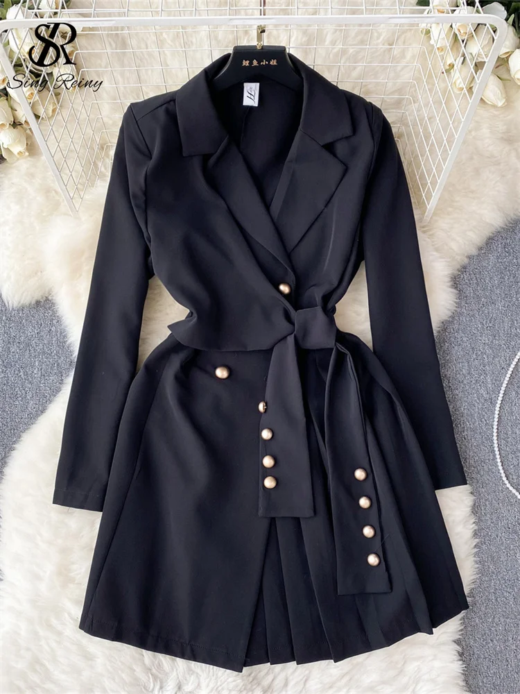 SINGREINY Lady Office Temperament Midi Dress Solid Lapel Lace Up Slim Fit Gold Button Design Pleated Long Sleeve Autumn Dress