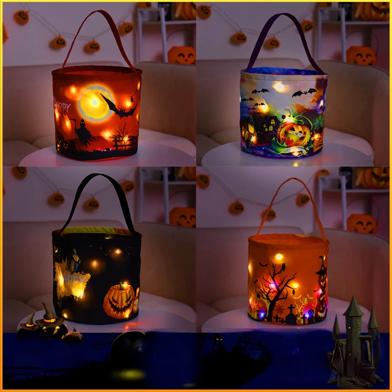 2023 New Halloween Basket Glowing Pumpkin Bag Children's Portable Candy Bag Ghost Festival Tote Bucket Decoration Props Event