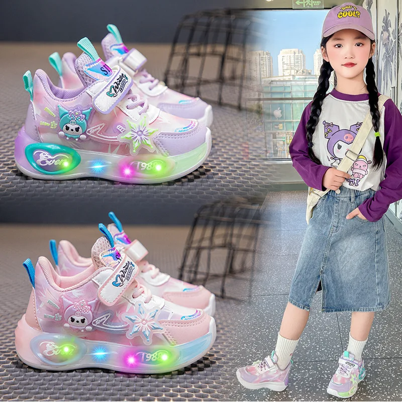 

2025 повседневная обувь для девочек со светодиодной подсветкой, дышащая детская спортивная обувь принцессы розового и фиолетового цвета, кроссовки, размер 24-36