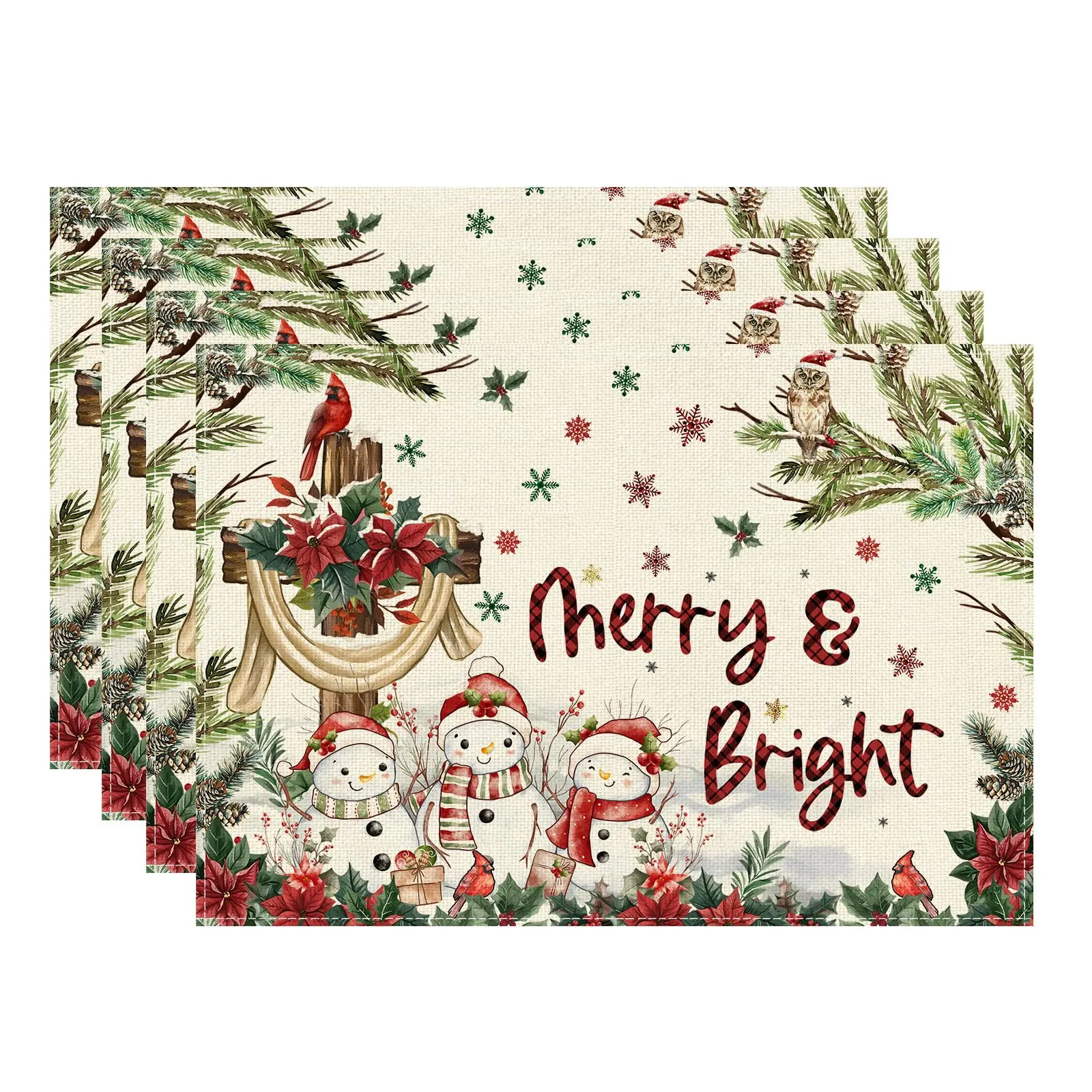 

Snowman Christmas Cross Poinsettia Florals Winter Xmas Placemats Table Mats for Party Home Kitchen Dining Table Decor 12x18 Inc