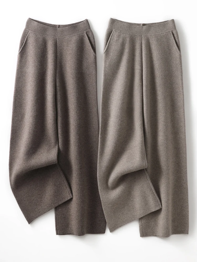 Новые шикарные женские трикотажные брюки из 100% мериносовой шерсти с широкими карманами, осень-зима, толстые повседневные стильные мягкие теплые элегантные вязаные брюки