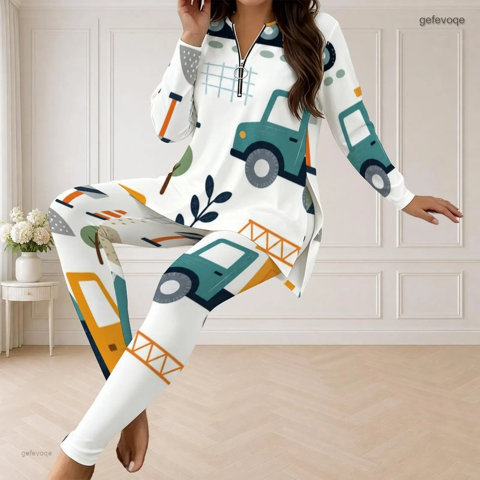 Fall Graphic Print Plus Size Sets Women V Neck Cute Cartoon Construction Truck Plus Size Clothes Womens Clothing For