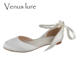 Venus lure Customized Off white Round Toe Bridal Flat Shoes Wedding with Pearl Ankle Strap Ribbon Tie