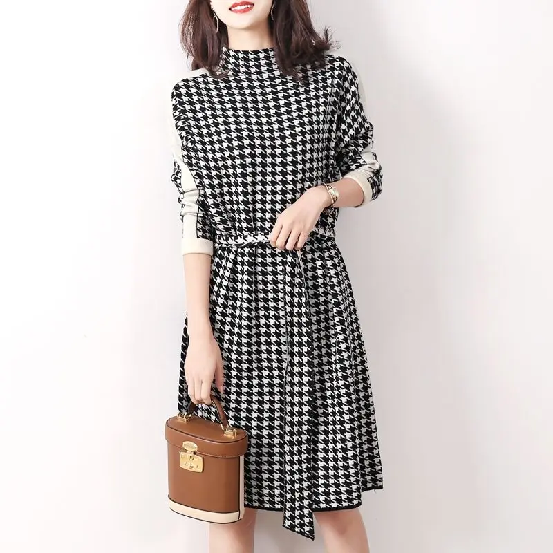 Female Clothing Houndstooth Spliced Dresses Vintage Half High Collar Autumn Winter New Elegant A-Line Sashes Bandage Midi Dress