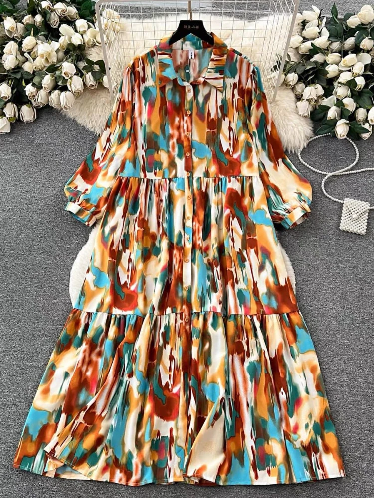 Summer New Women\'s Dress Fashionable and Elegant Single Breasted Lantern Sleeves Printed A-line Large Hem Cardigan Lined Dress