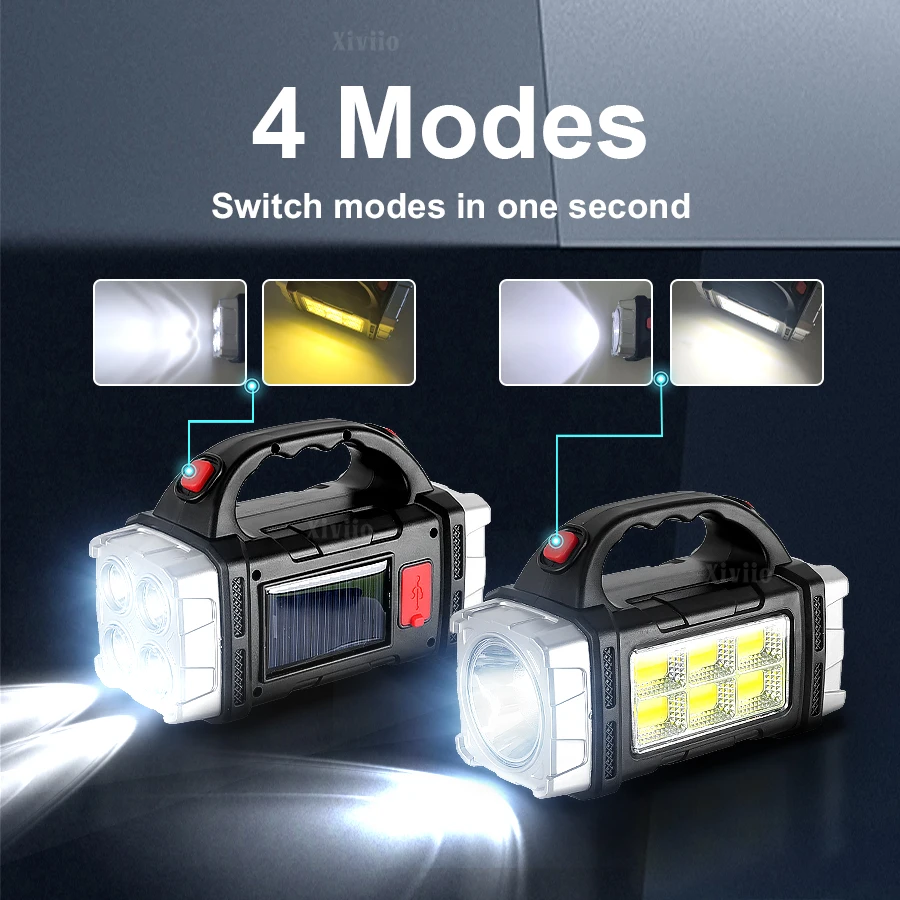 Solar wiederaufladbarer Spotlight leistungsstarke USB -wiederaufladbare Taschenlampen mit 6 COB -Arbeitslicht -Power Bank Camping -Lampen Suchlicht