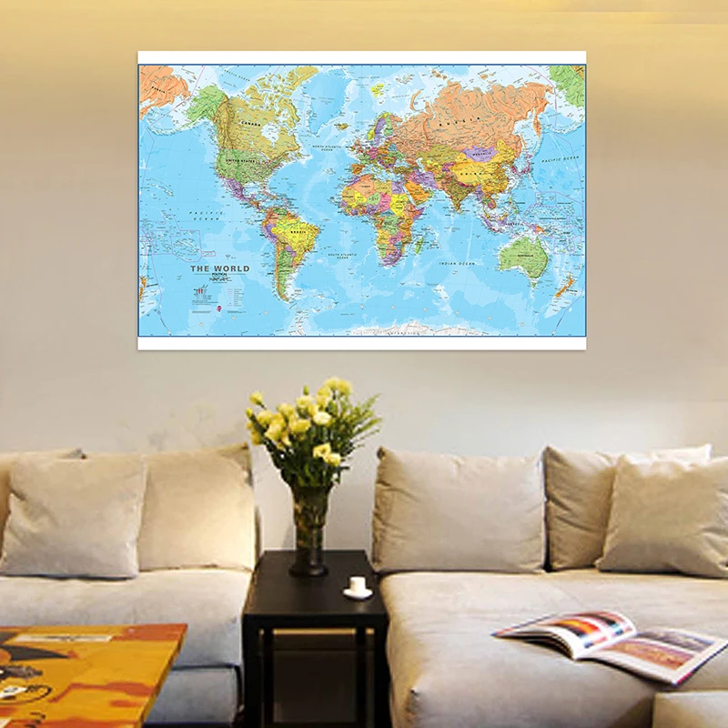 Póster detallado del mapa del mundo, lienzo no tejido, pintura, arte de pared, decoración del hogar, dormitorio, regalos de viaje, 150x90cm