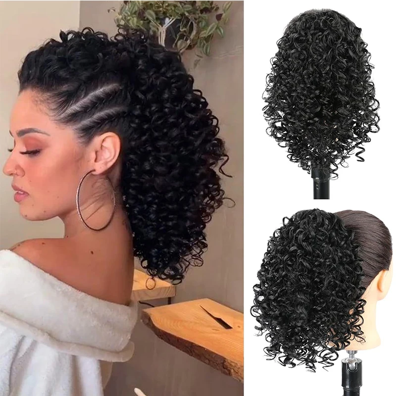 Drawstring Ponytail Extension 12Inch Synthetic Short Afro Kinky Curly Fluffy Pony Tail Hairpieces  for Black Women Daily Use