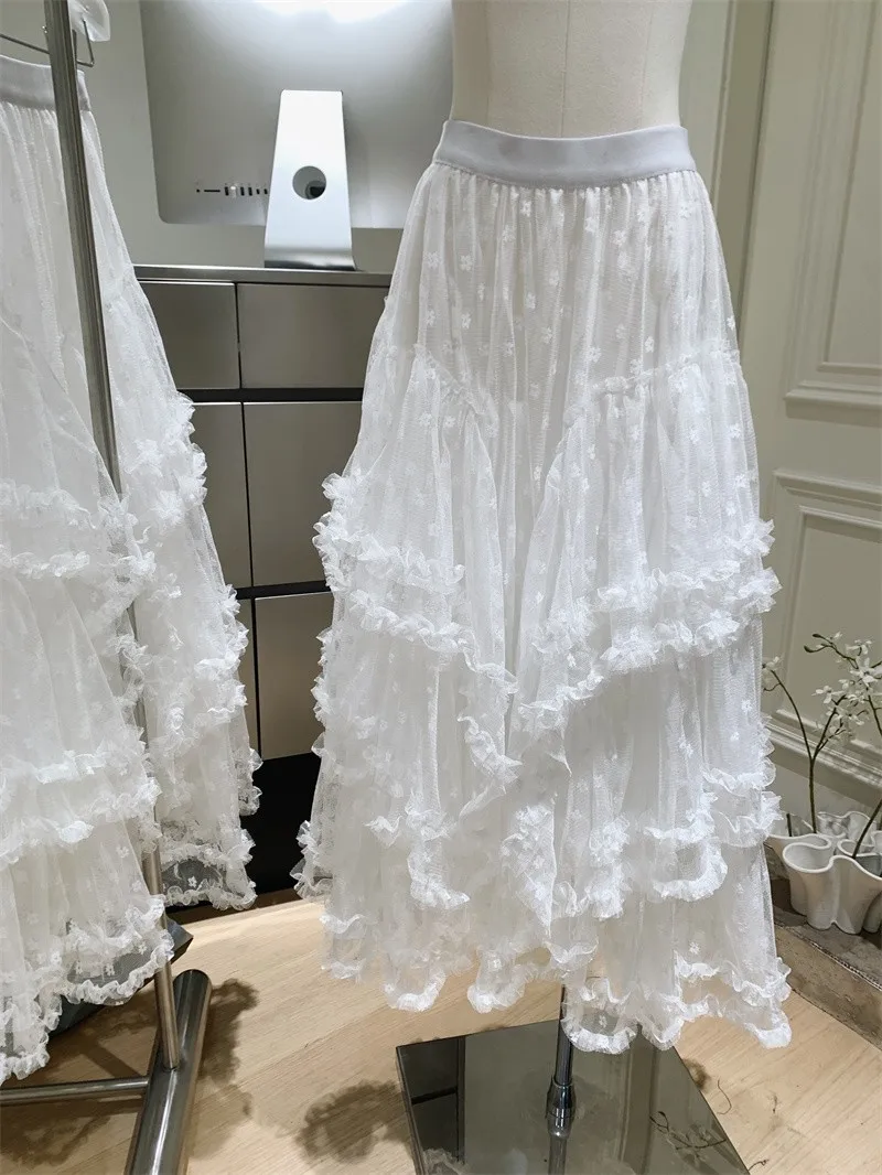 White Lace Midi Skirt Women's Spring 2025 New A-line Gauze Skirts Sweet Princess Fluffy Cake Long Skirts Faldas Saias