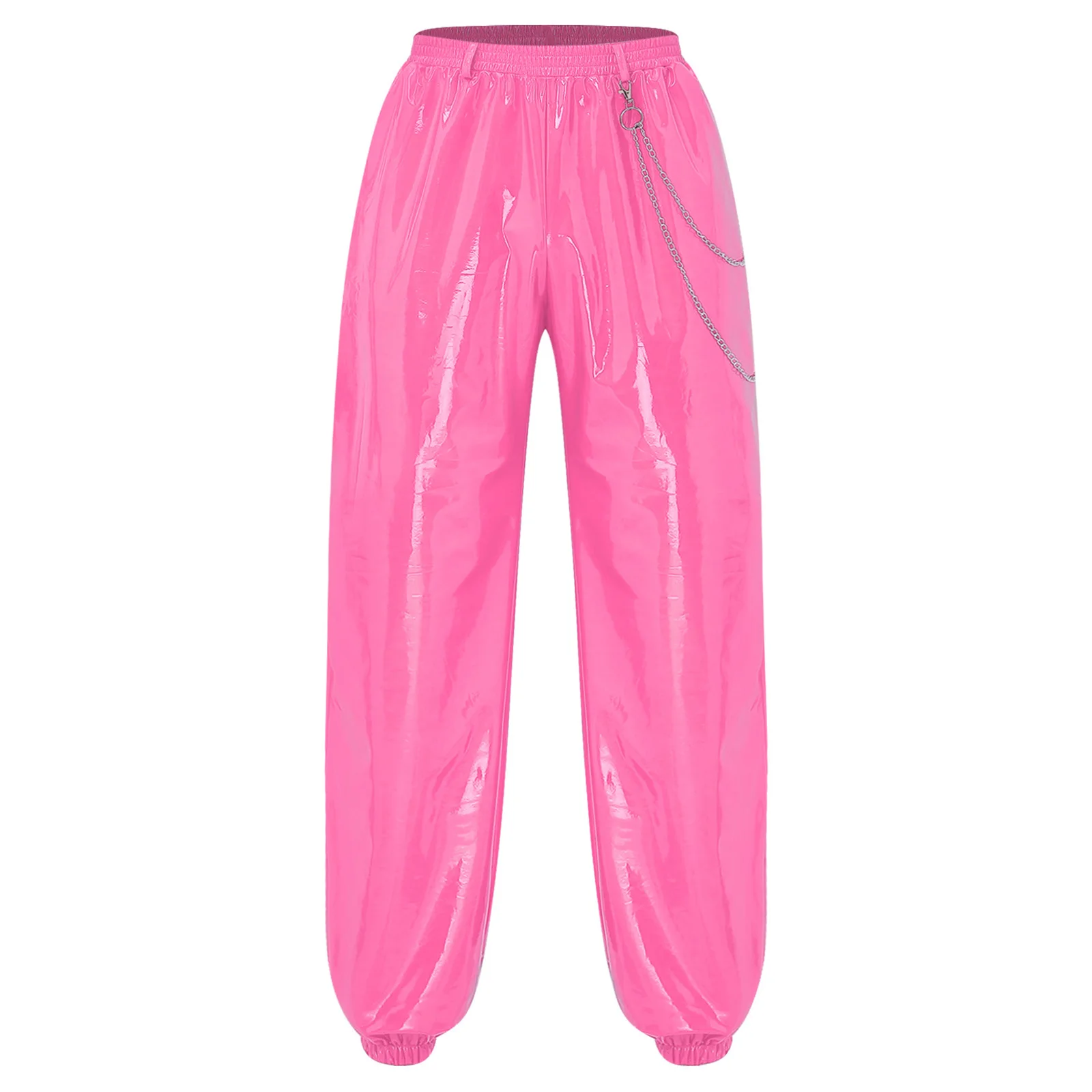 Men Glossy Patent Leather Jogger Pants Metal Chain Detail Elastic Waistband Long Pants Punk Trousers with Pockets Party Clubwear view 3
