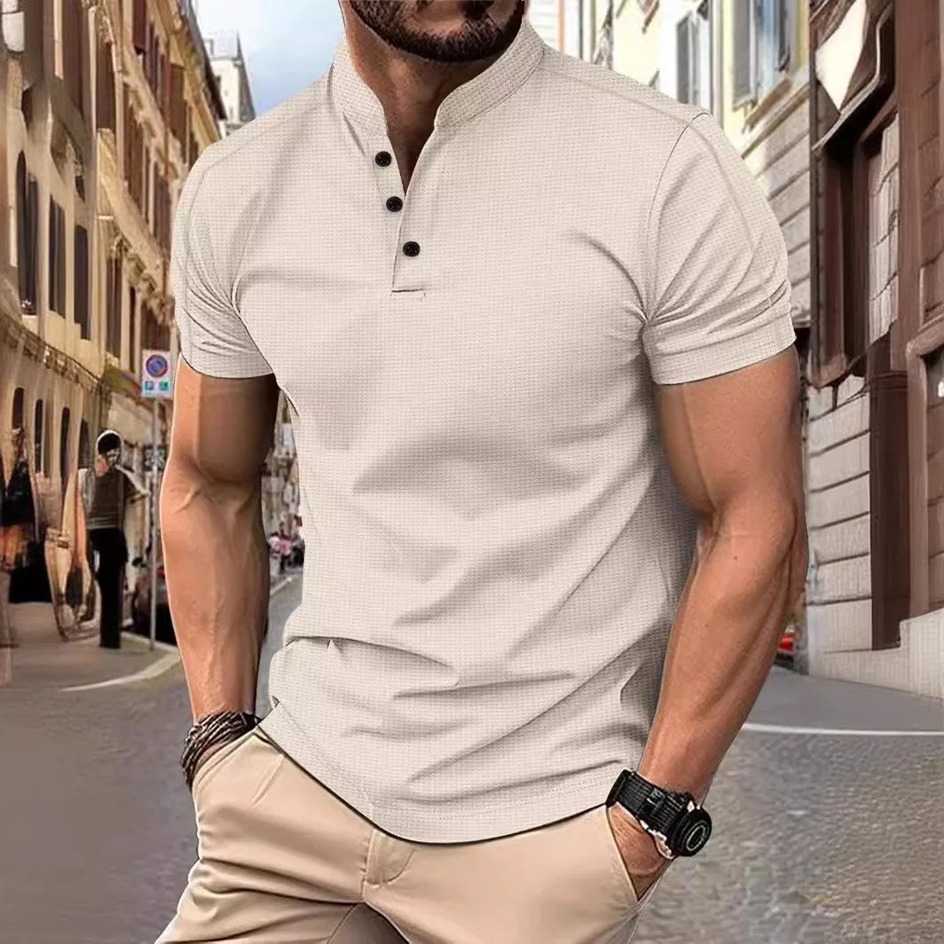 2024 Men's short-sleeved stand collar Waffle fabric casual short-sleeved polo shirt