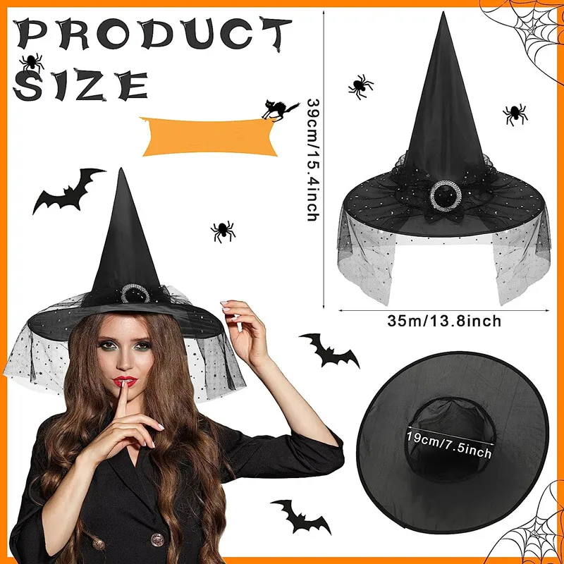 

Halloween Witch Hat Vintage Party Witch Hat Halloween Cosplay Costume Accessories Lace Veils Hanging Wizard Cap for Halloween