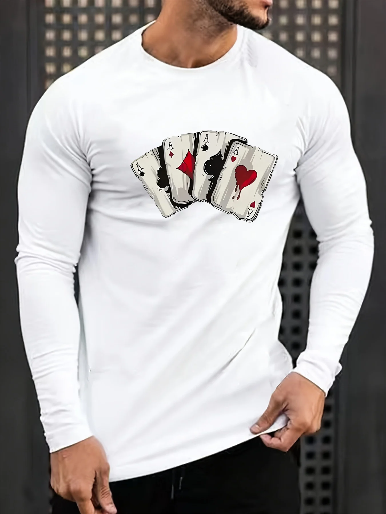 100% katoenen heren T-shirt met lange mouwen, ronde hals, losse pokerkaartpatroon, bedrukt herfst- en winter-T-shirt, casual, veelzijdig