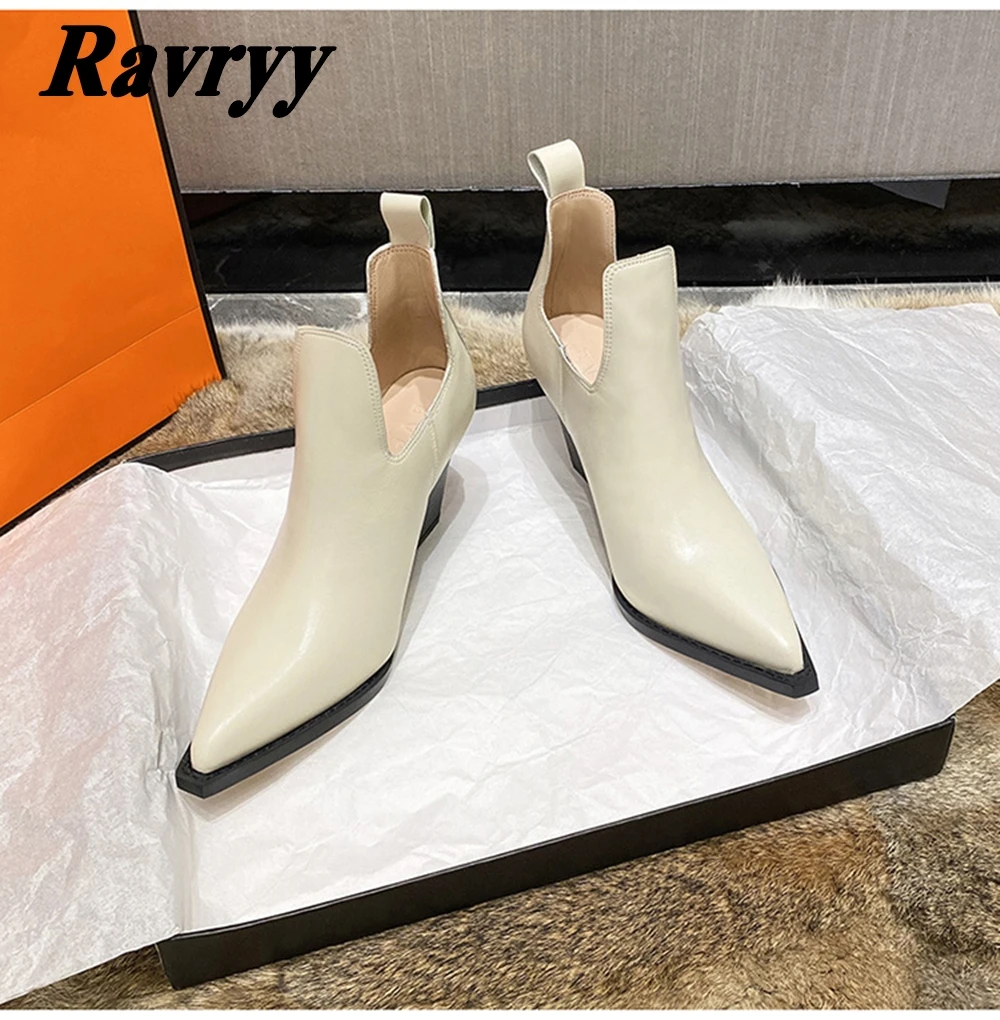 Genuine Leather Pointed Toe Slip On Chelsea Boots Pointed Toe Shallow Sexy Women Boots Solid Wedges Heel Platform Casual Shoes