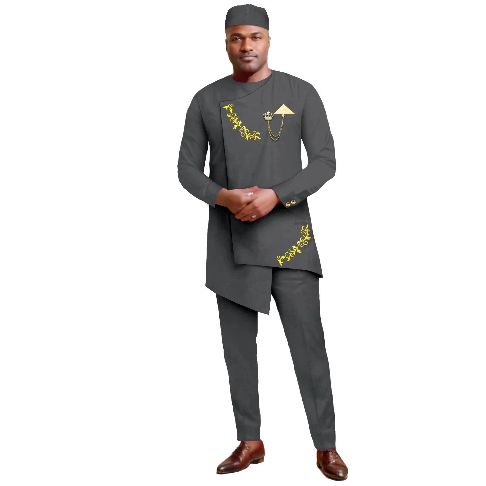 African Men Suits for Wedding 2025 Slim Fit Prom Party Wedding Grooms' Jacket Pants with Hat African Traditional Style