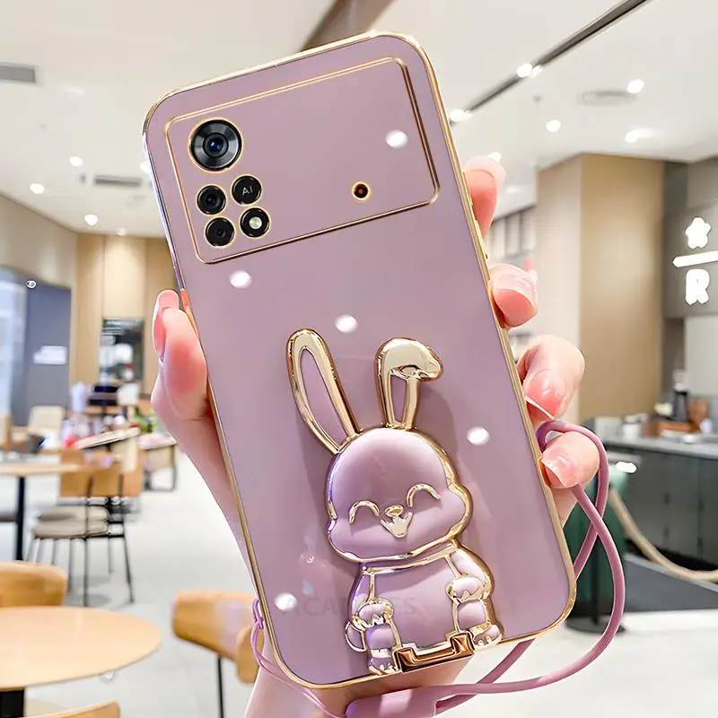 Pocox4pro Luxury Plating Rabbit Holder Case On For Xiaomi Mi Poco X4 M4 Pro 4g X4pro 5g X5 C55 C40 X3 F4 Lanyard Silicone Cover