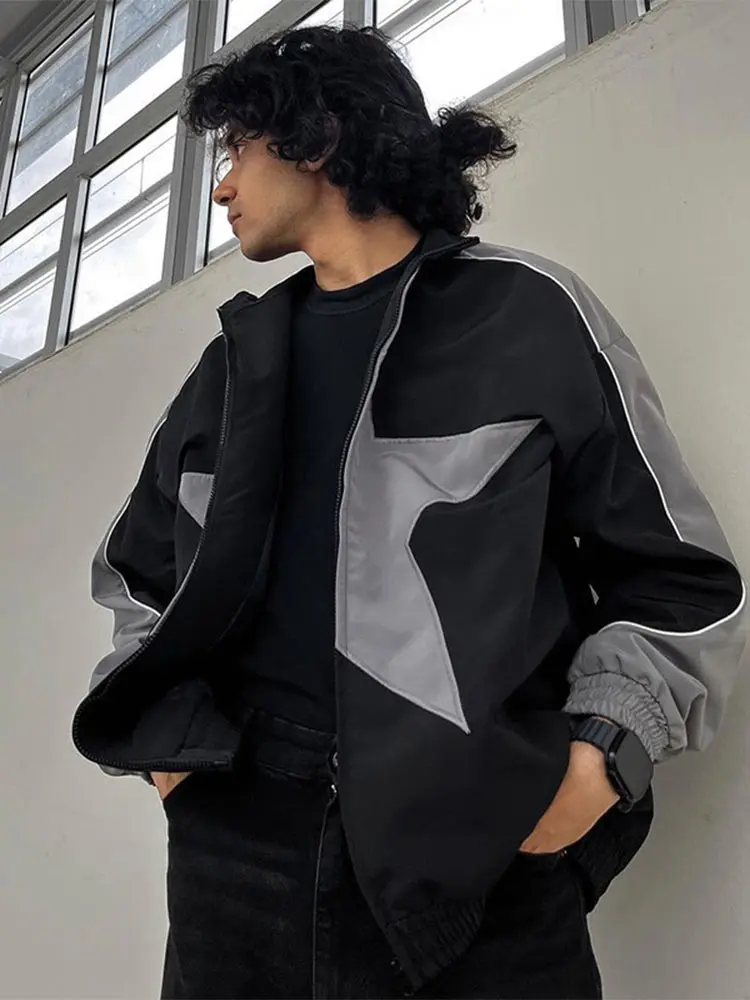 Autumn Bomber Jacket For Male Vintage Star Pattern Harajuku Y2k Windbreaker Coat Streetwear Fashion Zipper Patchwork Outerwear