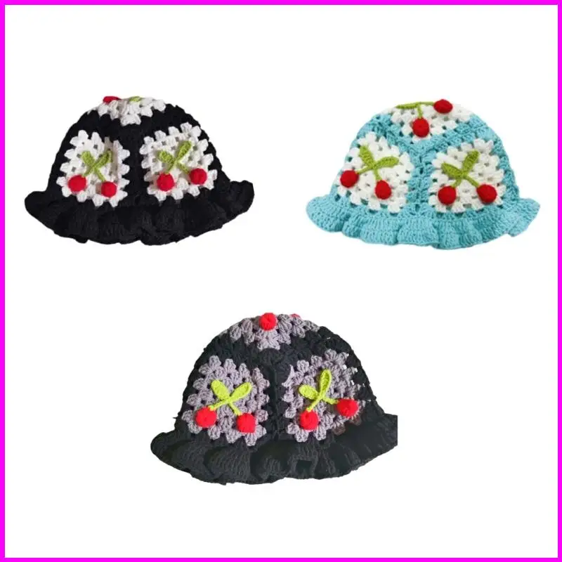 

Foldable Unisex Knitted Weave Cherry Embellished Hat For Daily Commute And Beach Activitie Durable Acrylic Component
