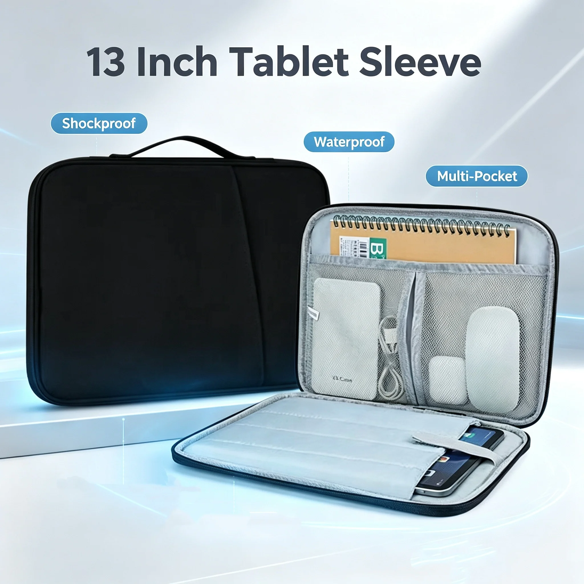 13 Inch Tablet Sleeve Case Handheld Carry Bag Waterproof Shockproof Protective Cover Multi‑Pocket Pen Slot Travel Storage Pouch