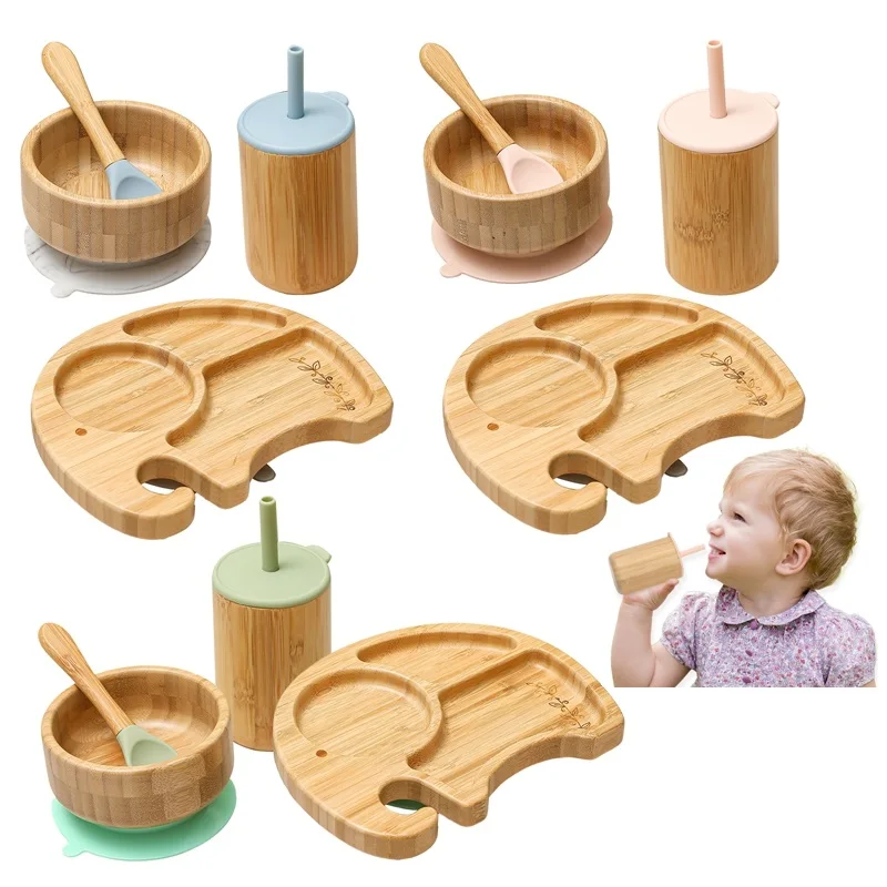 

Bamboo Wooden Elephant Dinner Plates Cup Spoon Fork Set Children Tableware Feeding With Supplies Suction Bowl Infant Tableware