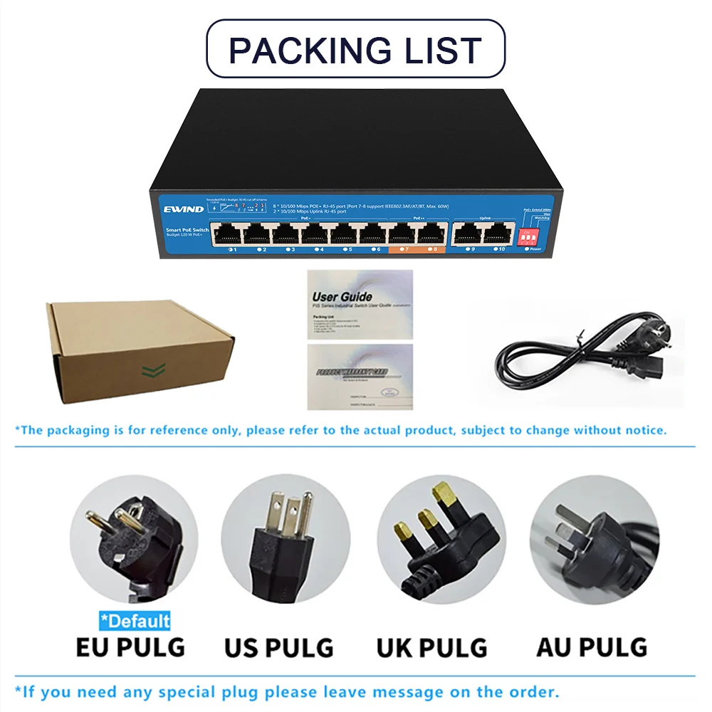 POE Network Switcher, 8 Port, 100Mbps, 2 Uplink, 120W, Hub Internet Splitter, Plug and Play for IP Camera, AI Smart, 48V Switch