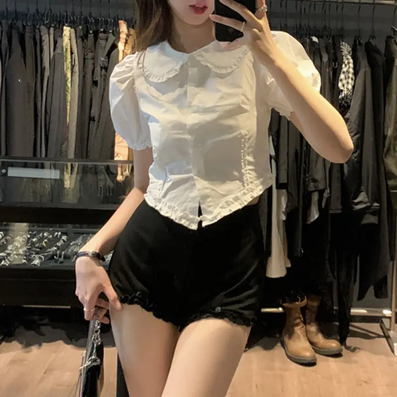Shirts Women Crops Preppy Style All-match Summer Peter Pan Collar Sweet Girls Chic Cozy Female Leisure Korean New Arrival Slim