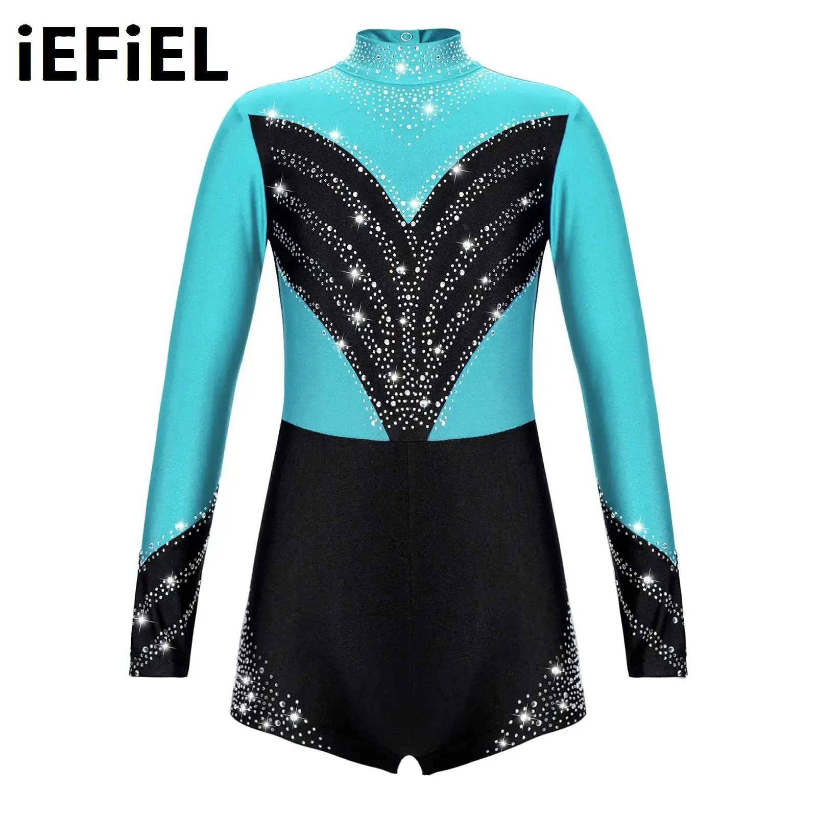 

Kids Girls Gymnastic Ballet Leotards Contrast Color Shiny Diamond Decorated Long Sleeve Stand Collar Hollow Back Jumpsuit