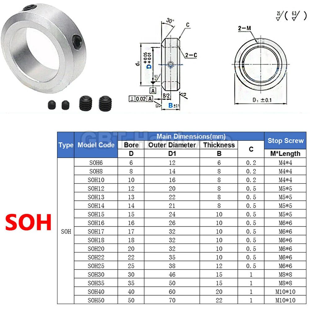 Bore 6/8/10/12/14/15/16/17/18/20/22/25/30/35/40/50mm Aluminum Shaft Collars SOH Stop Ring Fixing Limit Ring Timing Belt Fixation