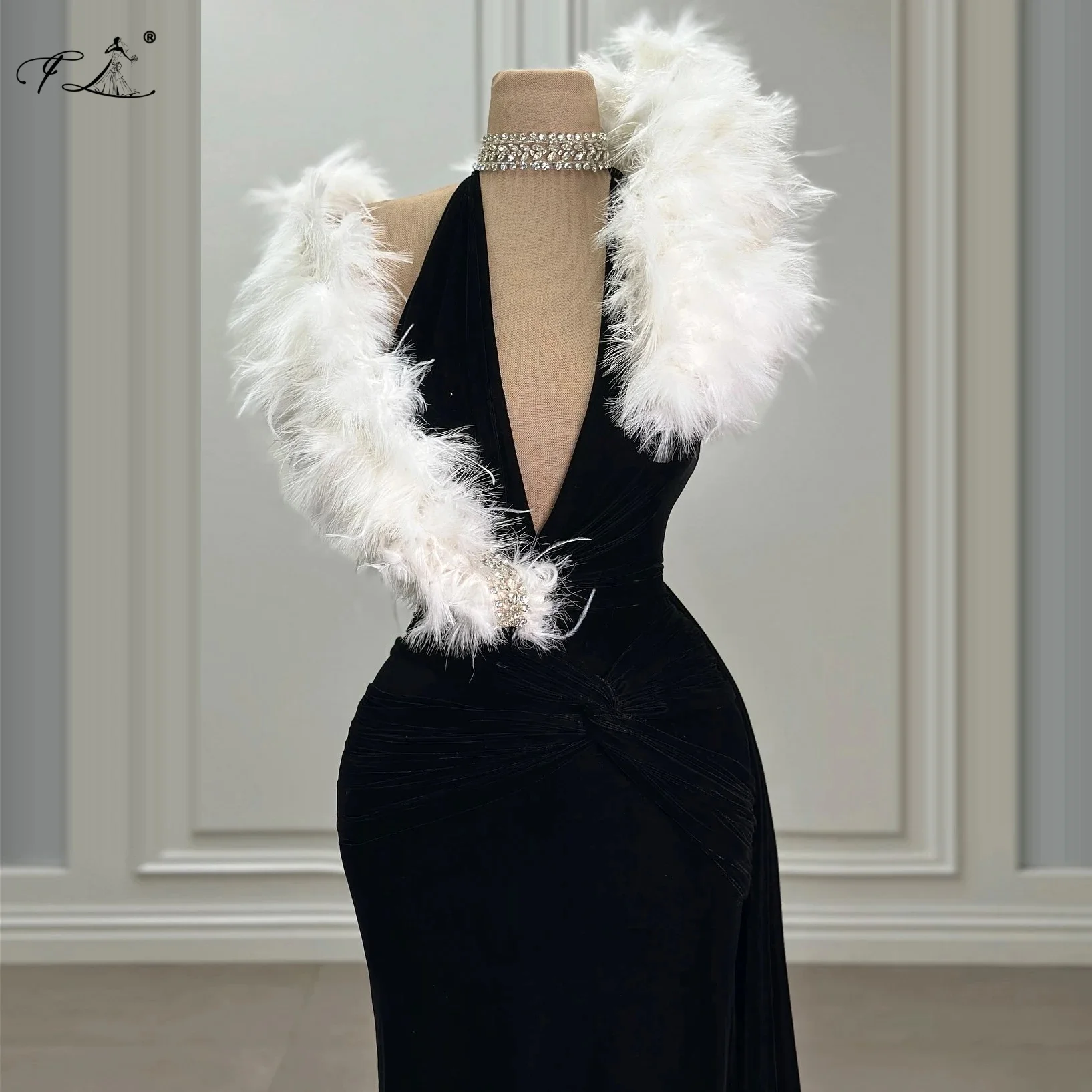 Socialite Dress Formal Occasion Dress White Fur Collar V-neck Black Dress Rhinestone Sexy Elegant Women's Dress Customizable