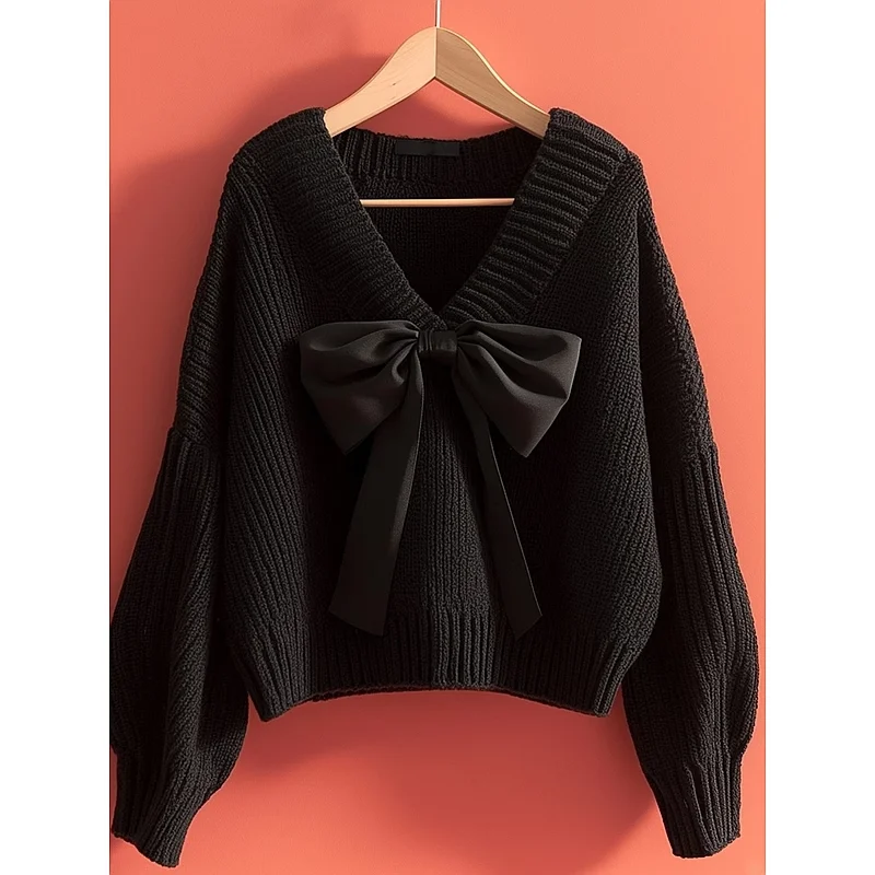 

Black Bow Knit Women's Sweater with a Lazy and Luxurious Feel Unique and Super Beautiful Tops V-neck pullover Sweater Women 3158