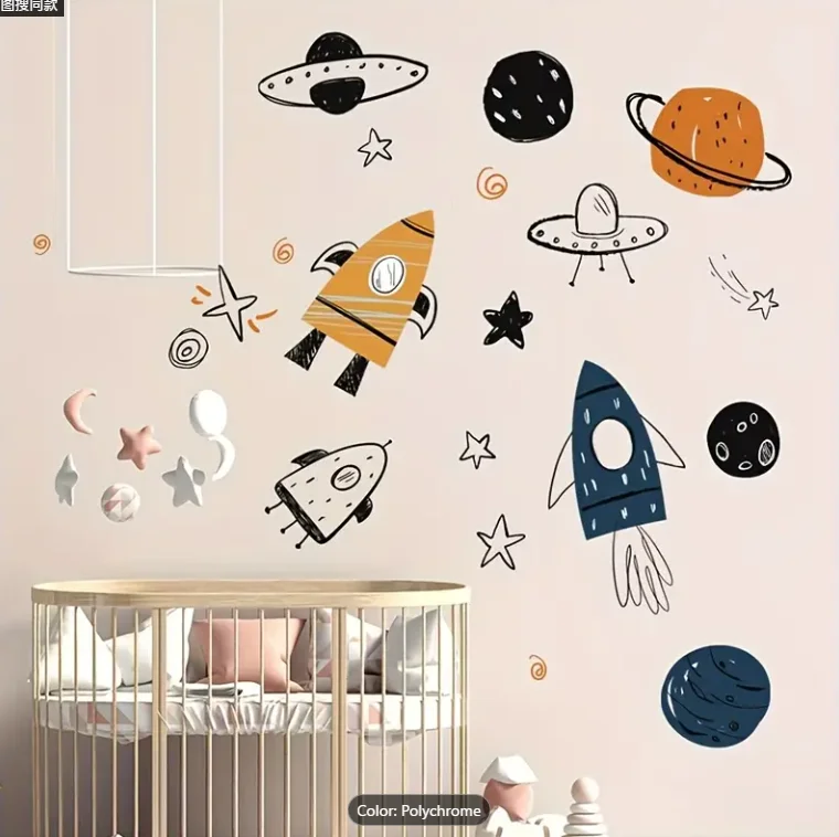 Large Outer Space  Astronaut Rocket Wall Stickers Playroom Kids Children Room Space Ship Planet Stars Wall Decals Bedroom Decor