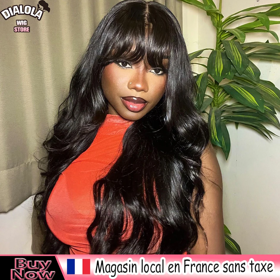 Perruques en cheveux humains ondulés de 30 pouces avec frange, densité 250 %, sans colle, Remy, entièrement fabriquées à la machine, pour femmes, prêtes à porter