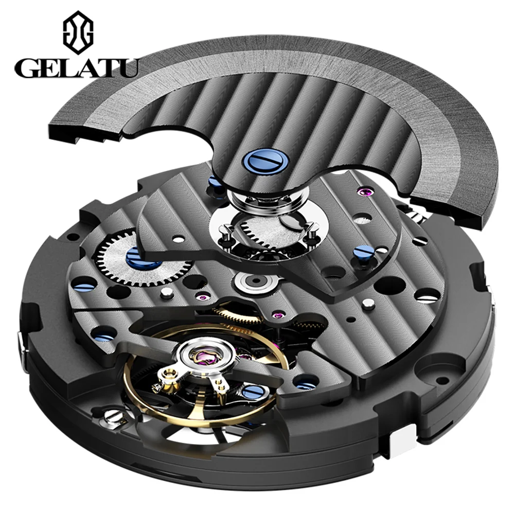 GELATU Top Brand Men's Watches Full Automatic Wristwatch for Man Hollow Mechanical Flywheel Date Week Waterproof Luminous