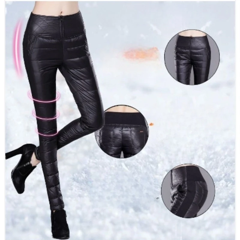 สวมใส่เอวสูงSlimmingขนาดใหญ่เป็ดสีขาวลงกางเกงผ้าฝ้ายหนาหนาผู้หญิง 2024 ใหม่ลงกางเกงผู้หญิงฤดูหนาวกางเกงผู้หญิง