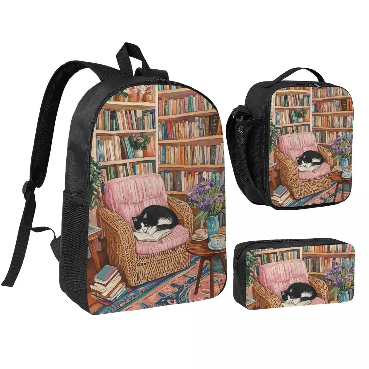 Adorable Cat In Sofa Backpack Boys Girls BookBag School Bag Shoulder Bags 3ps Insulated Lunch Bag Pencil Case
