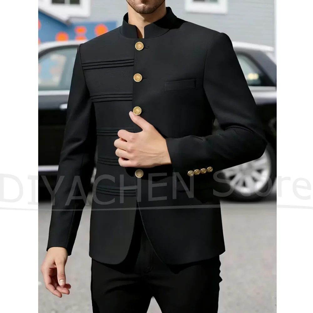Mens Black Mandarin Collar Suit Formal Business Casual Custom Made Slim Fit Groom Wedding Party Tuxedo 2 Piece Blazer and Pants