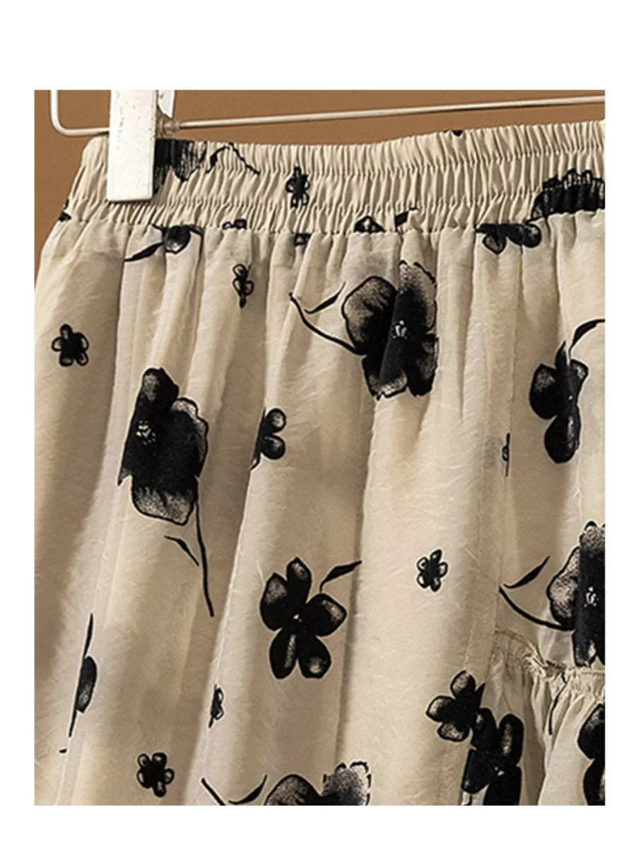 Women's Khaki Flower Print Mid Long Skirt Vintage Aesthetic High Waist Oversize Skirt Harajuku Y2k A-line Skirts 2000s Clothes