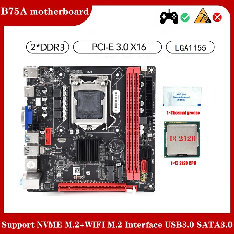 

B75A (B75) LGA1155 2XDDR3 Game Motherboard +I3 2120 CPU+Thermal Grease Kit Support NVME M.2+WIFI M.2 Interface USB3.0 SATA3.0